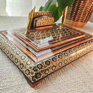 Vintage Persian Khatam Inlay Desk Set Pen Holder Letter Rack Wood Brass